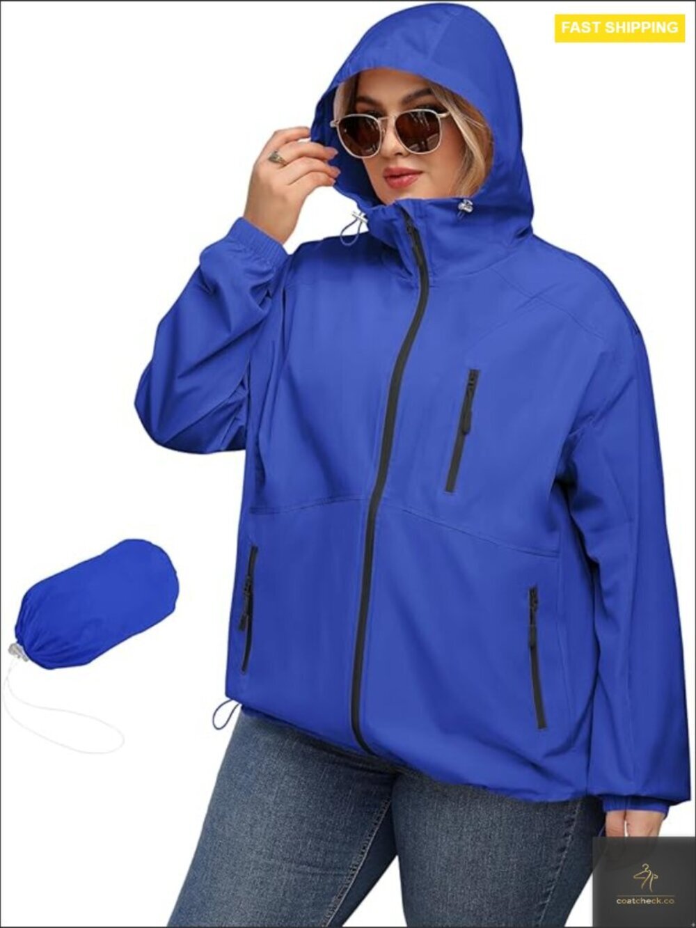 Plus Size Rain Jacket with Hood Waterproof Lightweight Packable Trench Coat